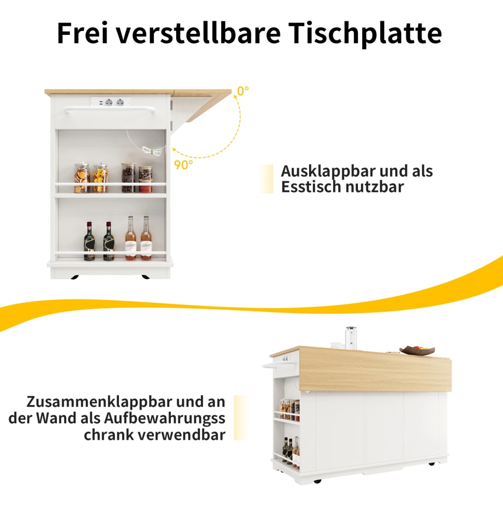 Isola cucina mobile con prese, piano pieghevole e 2 cassetti