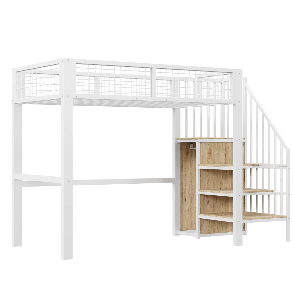 OKWISH Letto a soppalco 90×200 cm, Letto Singolo con Scala di Sicurezza, Mensole e Armadio, senza Materasso, in Metallo, Bianco