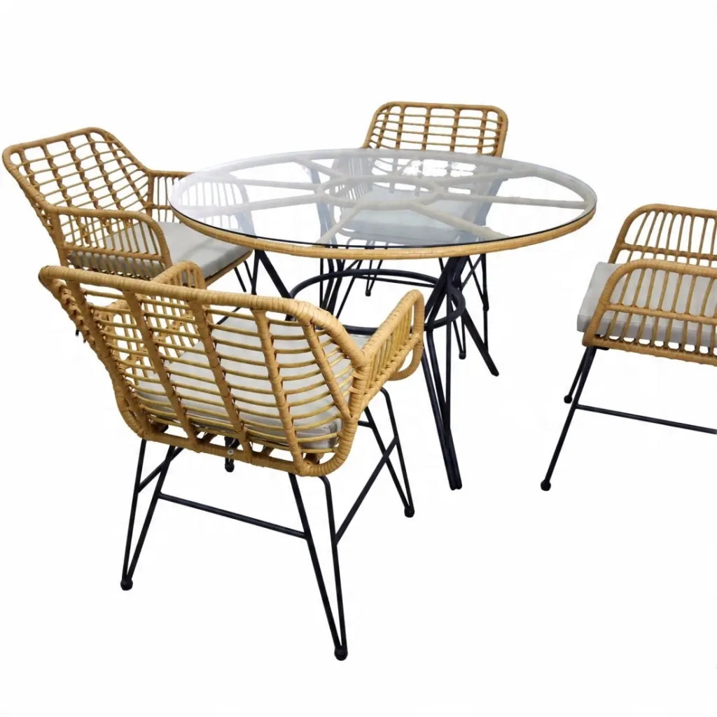 Salotto da giardino VALORIA 4 posti – Tavolo e 4 sedie in rattan marrone con cuscini grigi