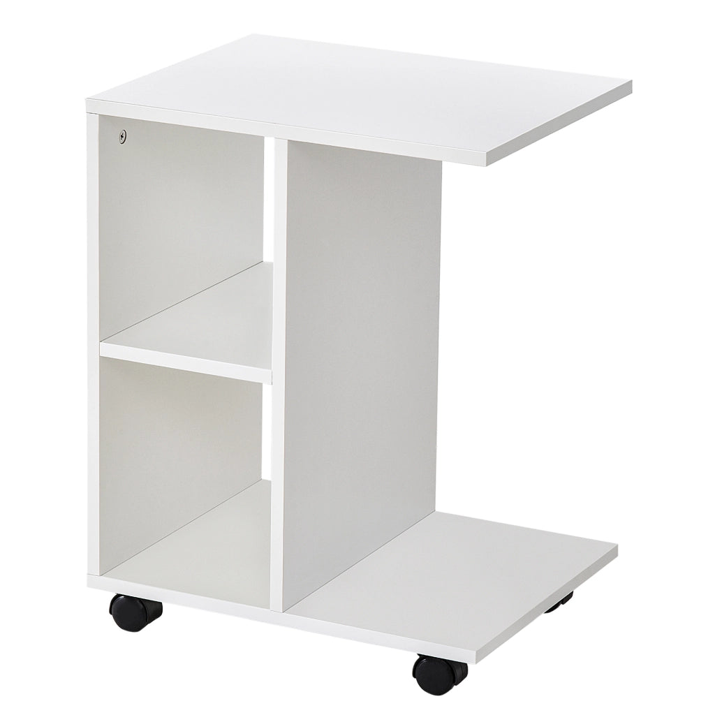 EasyComfort Tavolino da Salotto a C con 2 Ripiani Aperti e 4 Ruote Girevoli, in MDF e PE, 45x35x58 cm, Bianco