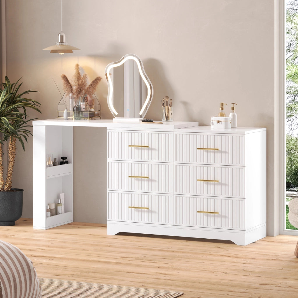 Toeletta girevole con specchio LED, 6 cassetti, bianco e oro, 110×40×129 cm