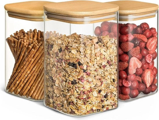 Bacinelle in Vetro a Quadrato con Coperchio in Legno - Ercolino - 1L - Vetro Borosilicato per Bacinelle di Stoccaggio