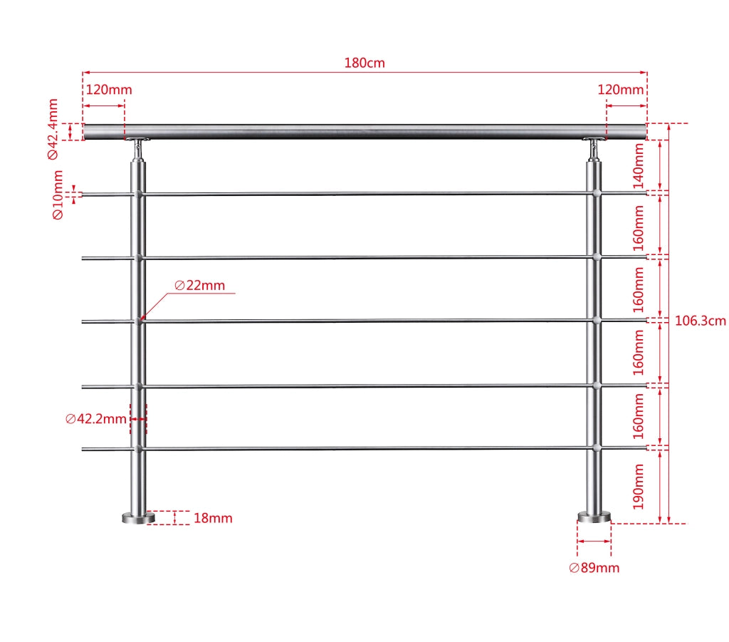 Balaustra Corrimano Ringhiera in acciaio inox 304 spazzolato 180x106cm per interni ed esterni 5 barre trasversali