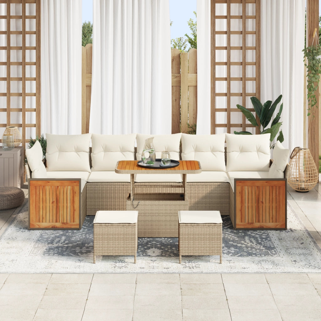 Set Divano da Giardino a 10 Pezzi con Cuscini Beige Polyrattan Acacia