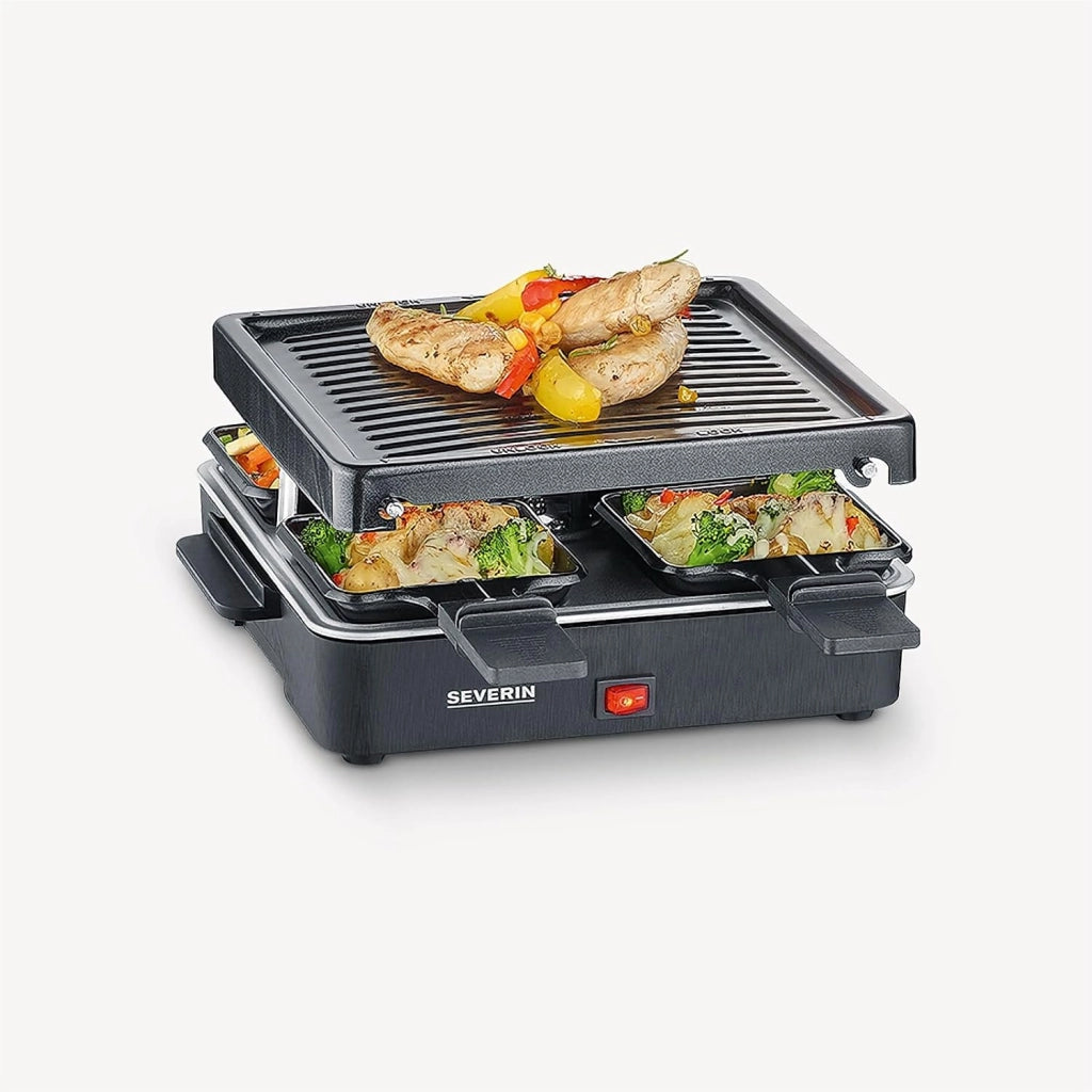 Severin rg 2370 - mini griglia per raclette con piastra antiaderente e 4 padelle, grill da tavolo per fino a 4 persone, potenza 600 w, colore: nero