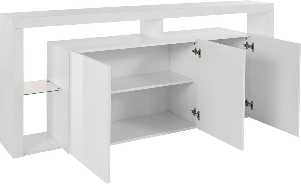 Credenza con 3 Ante e Ripiani in Vetro a Giorno 200x40x80 cm Essential 3A Bianco Lucido