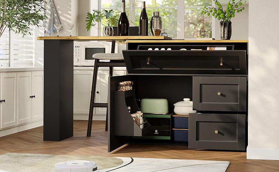 Bartisch allungabile nero con ripiano snack e vano portaoggetti, 138-204x39x105 cm