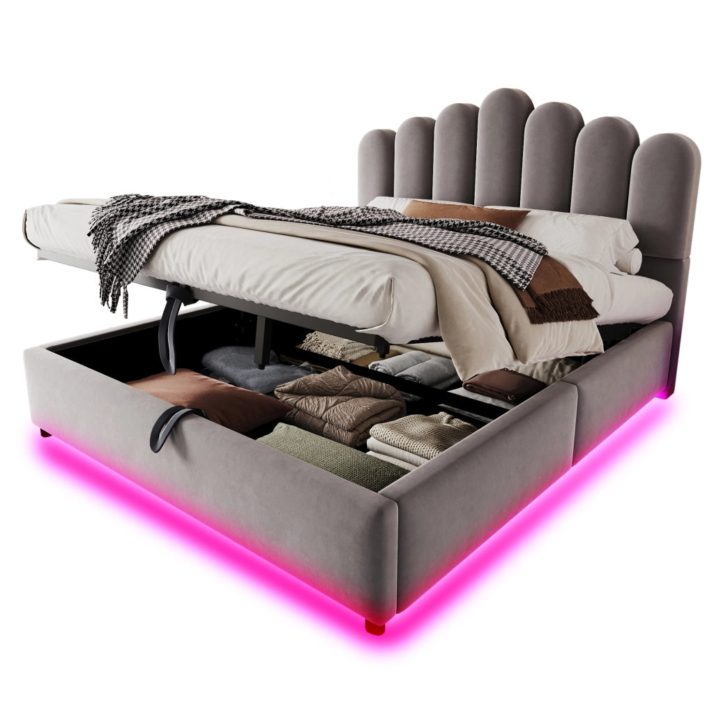 Letto imbottito 140x200 cm in velluto grigio con contenitore idraulico, LED e rete a doghe