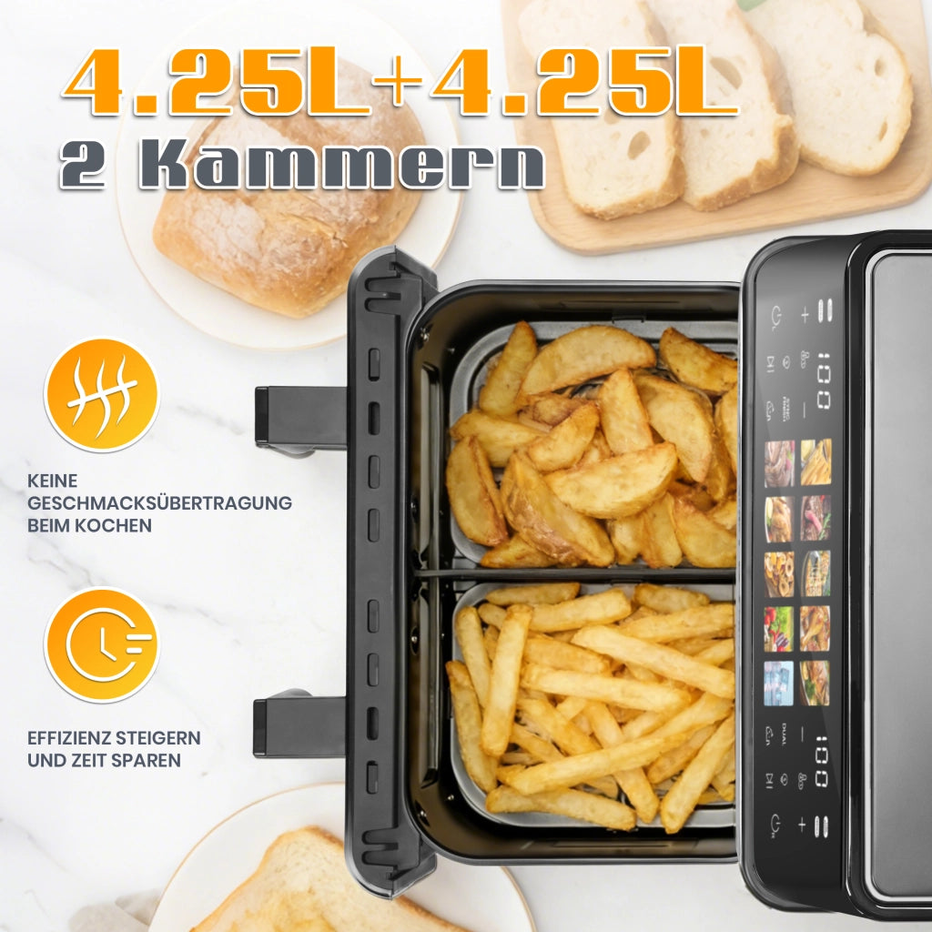 Friggitrice ad aria a doppia camera con obl¨°, 10 programmi di cottura, friggitrice senza olio, forno ad aria calda con touchscreen, friggitrice ad ari