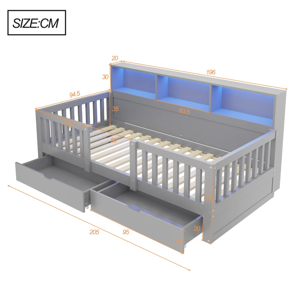 Letto per bambini 90 × 200 cm con barriera di sicurezza, 2 cassetti, ripiani e LED, senza materasso, grigio