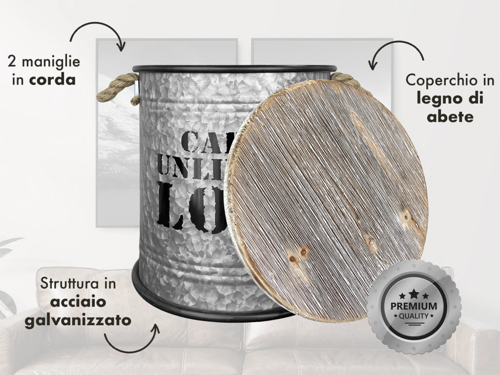 Set 3 Pouf Contenitori In Acciaio SgabellO Tavolino Caffè Salotto Design Moderno Cargo Unlimited Impilabili Salvaspazio Arredo Soggiorno Camera Coperchio Legno Vintage  Naturale
