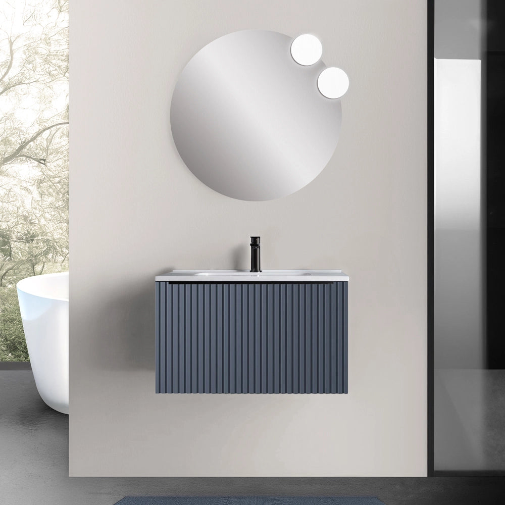 Mobile bagno sospeso 80 cm blu notte opaco cannettato con cassetto e lavabo Nara