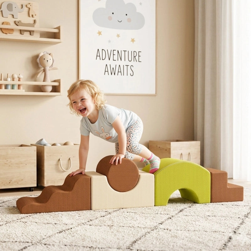 Set di 5 mattoncini da costruzione in schiuma. Mattoncini morbidi per bambini, con effetto velluto a coste e base antiscivolo, colorati.