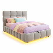 Letto imbottito singolo 90×200 cm con contenitore; LED e testiera; senza materasso; velluto; grigio