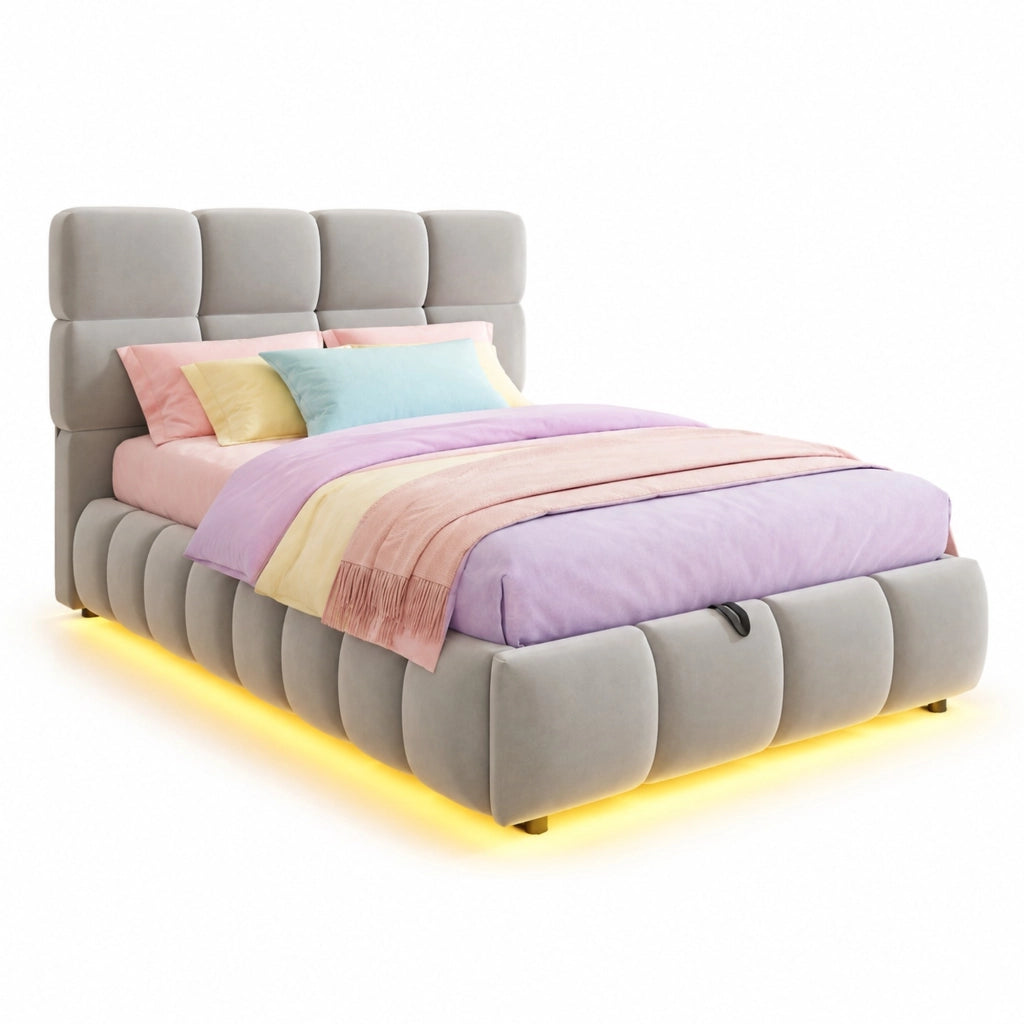 Letto imbottito singolo 90×200 cm con contenitore; LED e testiera; senza materasso; velluto; grigio