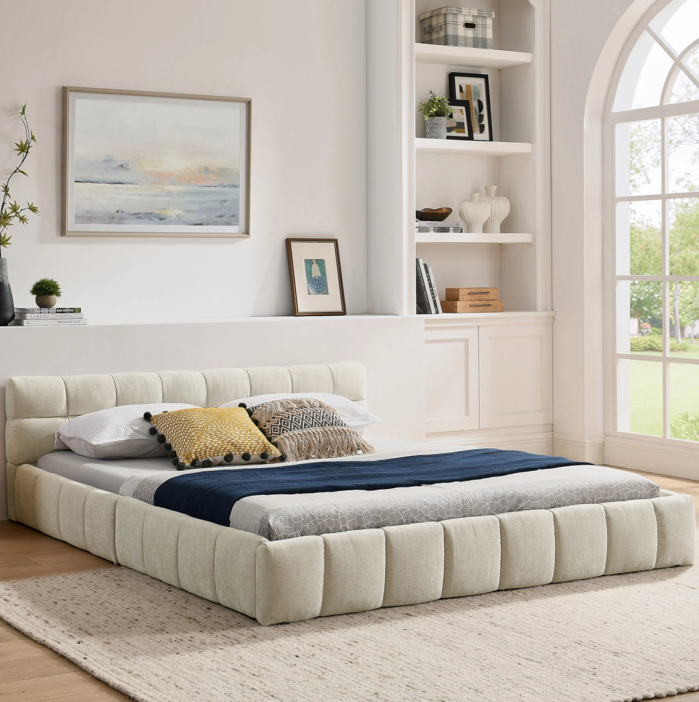 Letto matrimoniale imbottito 160x200 cm in chenille beige con struttura in legno di eucalipto e ferro