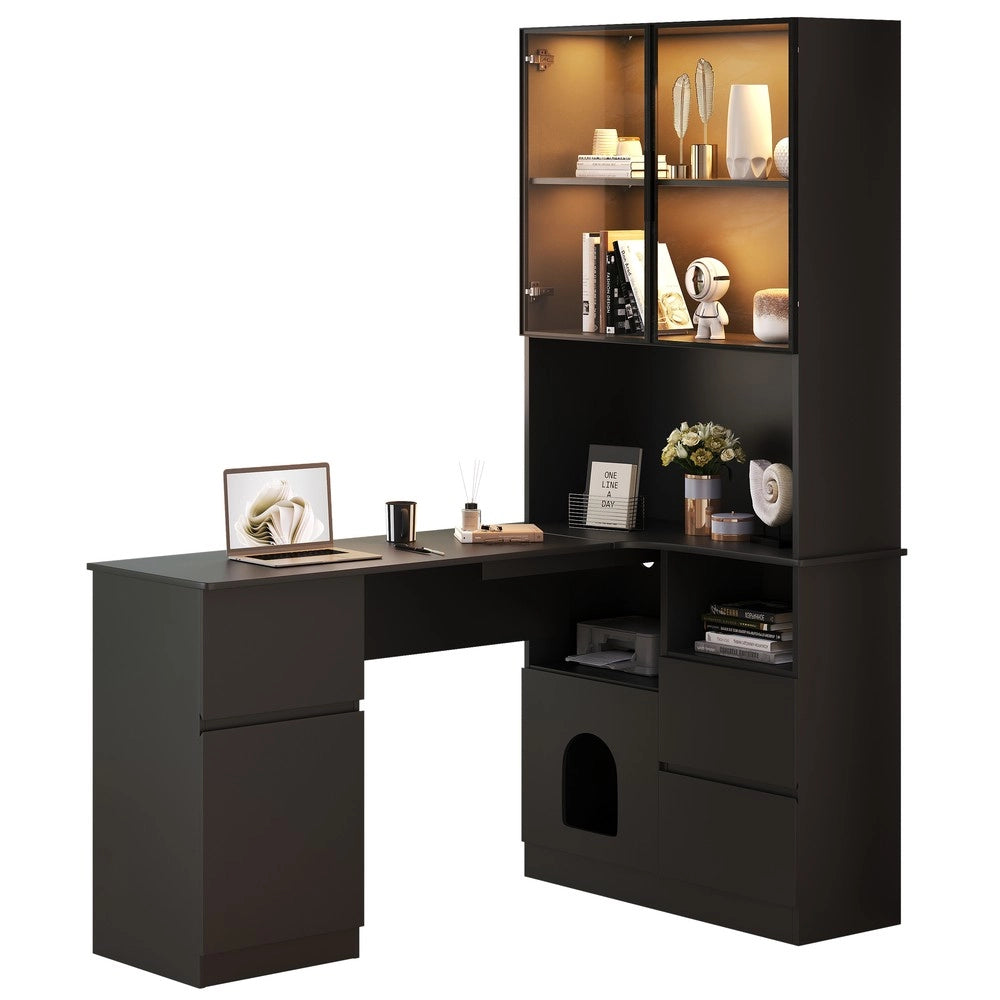 Scrivania Angolare con Libreria, Vetrina LED e Cassetti ¨C Xylo ¨C 120x80x180 cm