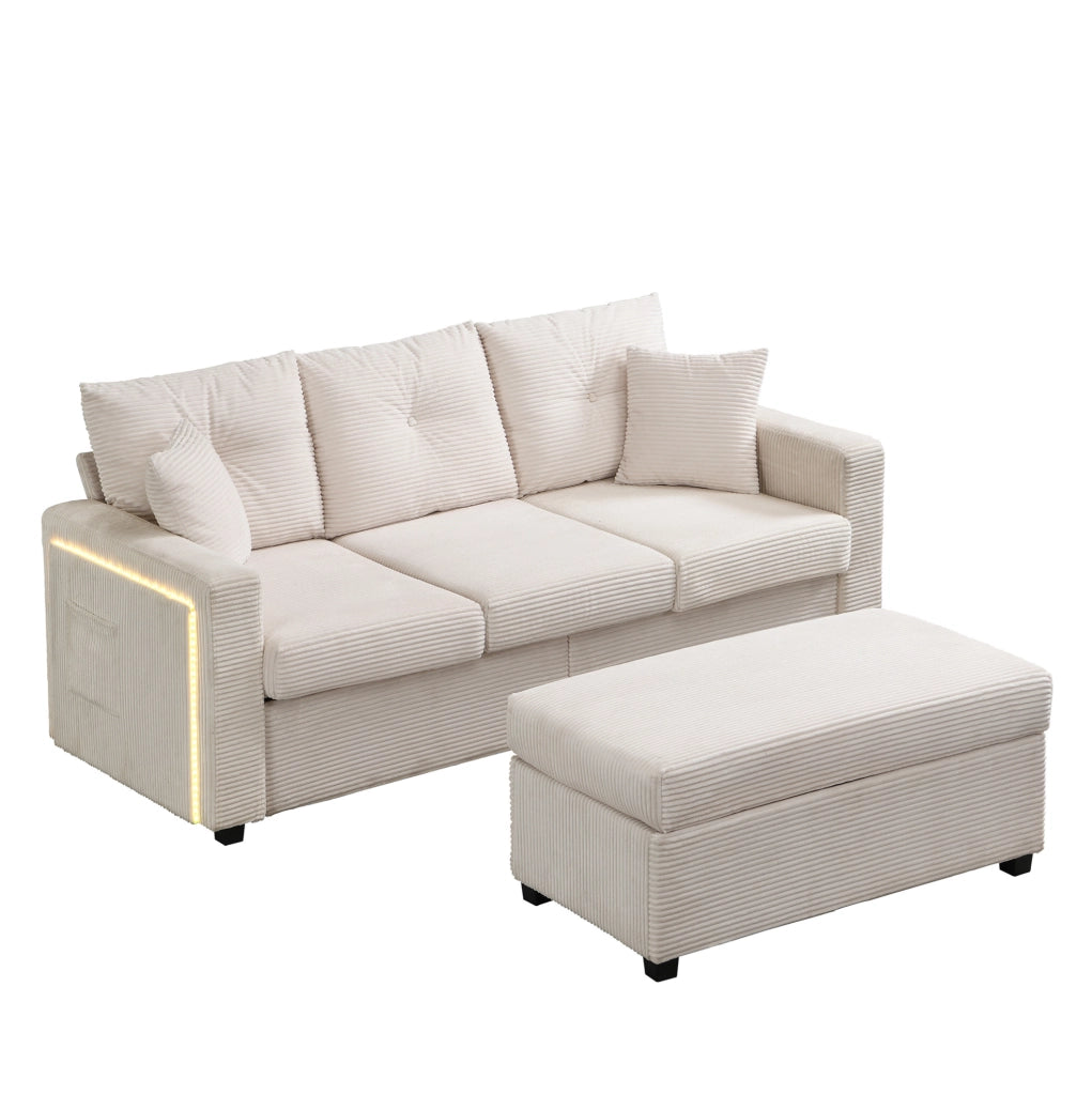 Divano modulare angolare ULEVR beige con LED controllabili tramite app, pouf 98x51 cm e 5 cuscini in velluto a coste