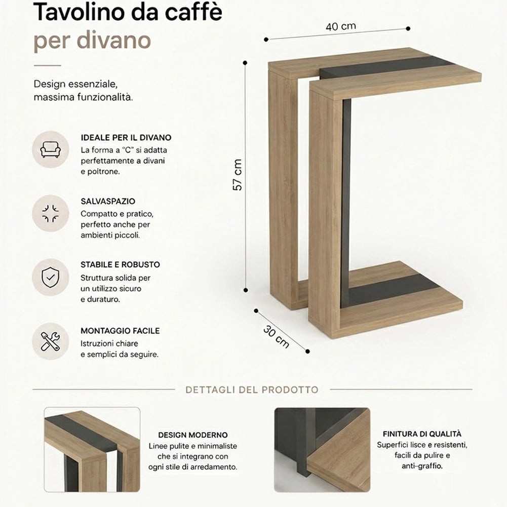Tavolino da Caffe Porta PC Laterale Divano in Legno MDF Quercia 57x40x30cm
