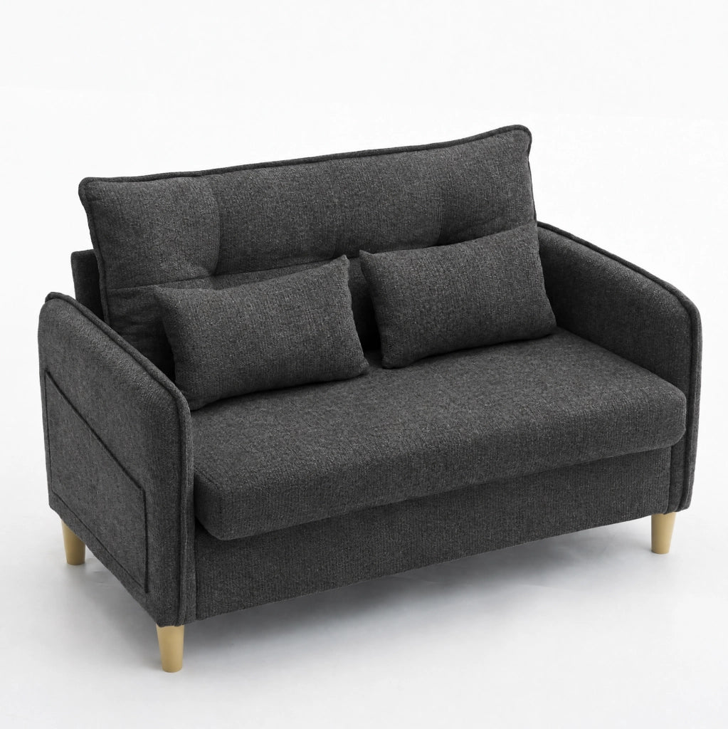 Divano 2 posti ULEVR 127 cm in ciniglia grigio scuro con braccioli, tasche laterali e cuscini