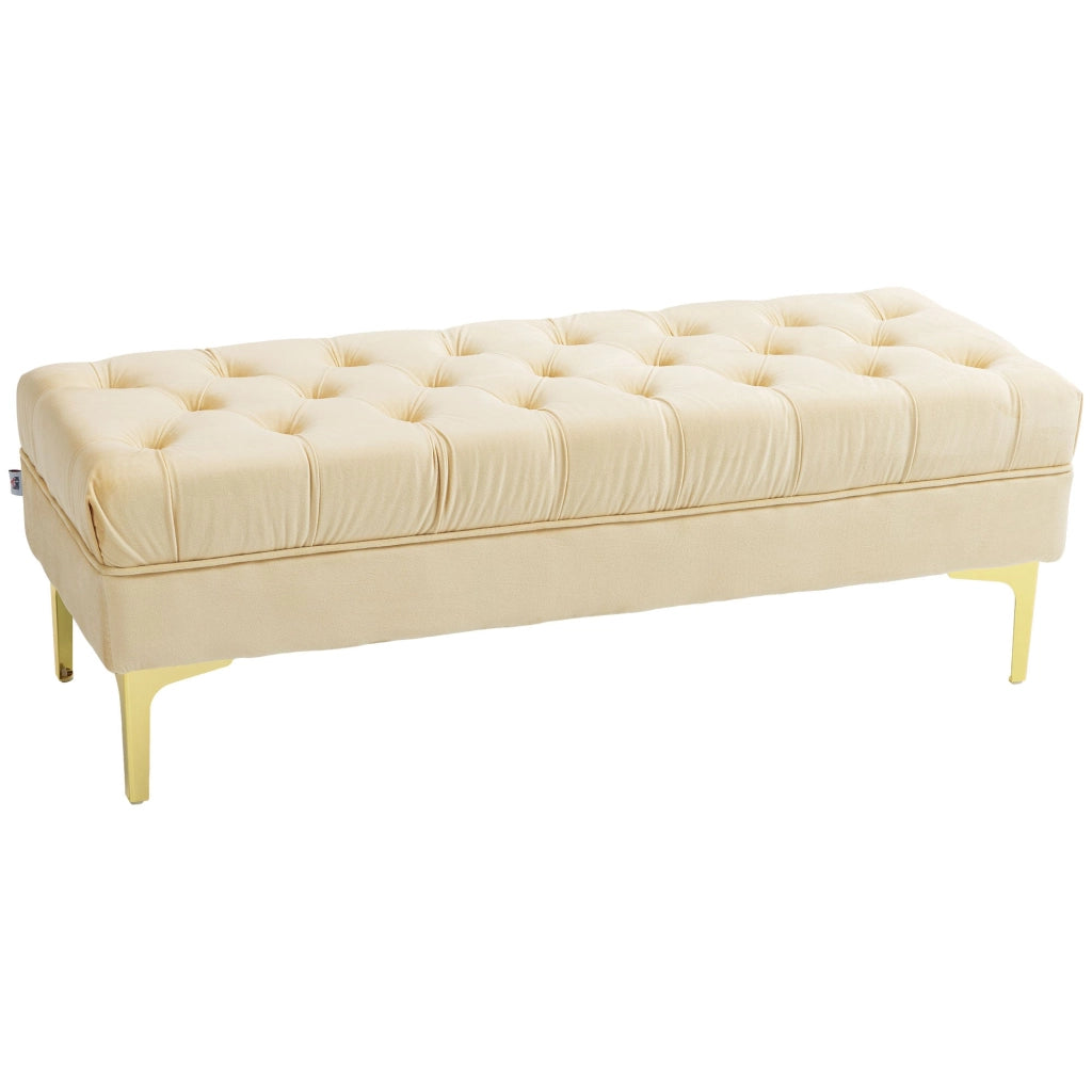 Panca Fondo Letto Imbottita con Rivestimento Trapuntato in Effetto Velluto 118x45x42 cm Beige