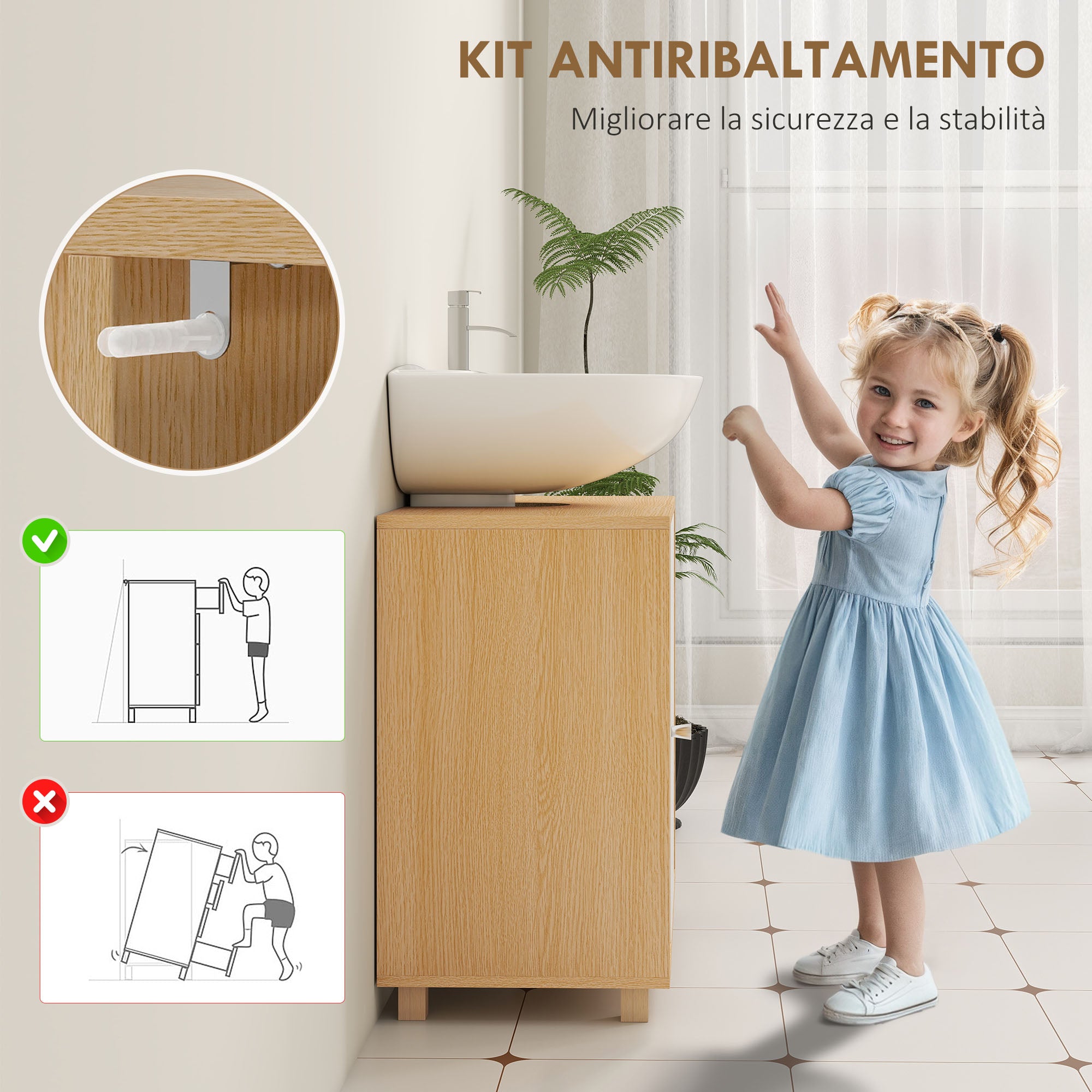Mobile Sottolavabo Bagno 60x33x57cm con Armadietto a 2 Ante Soft-Close e 6 Ripiani Aperti Bianco