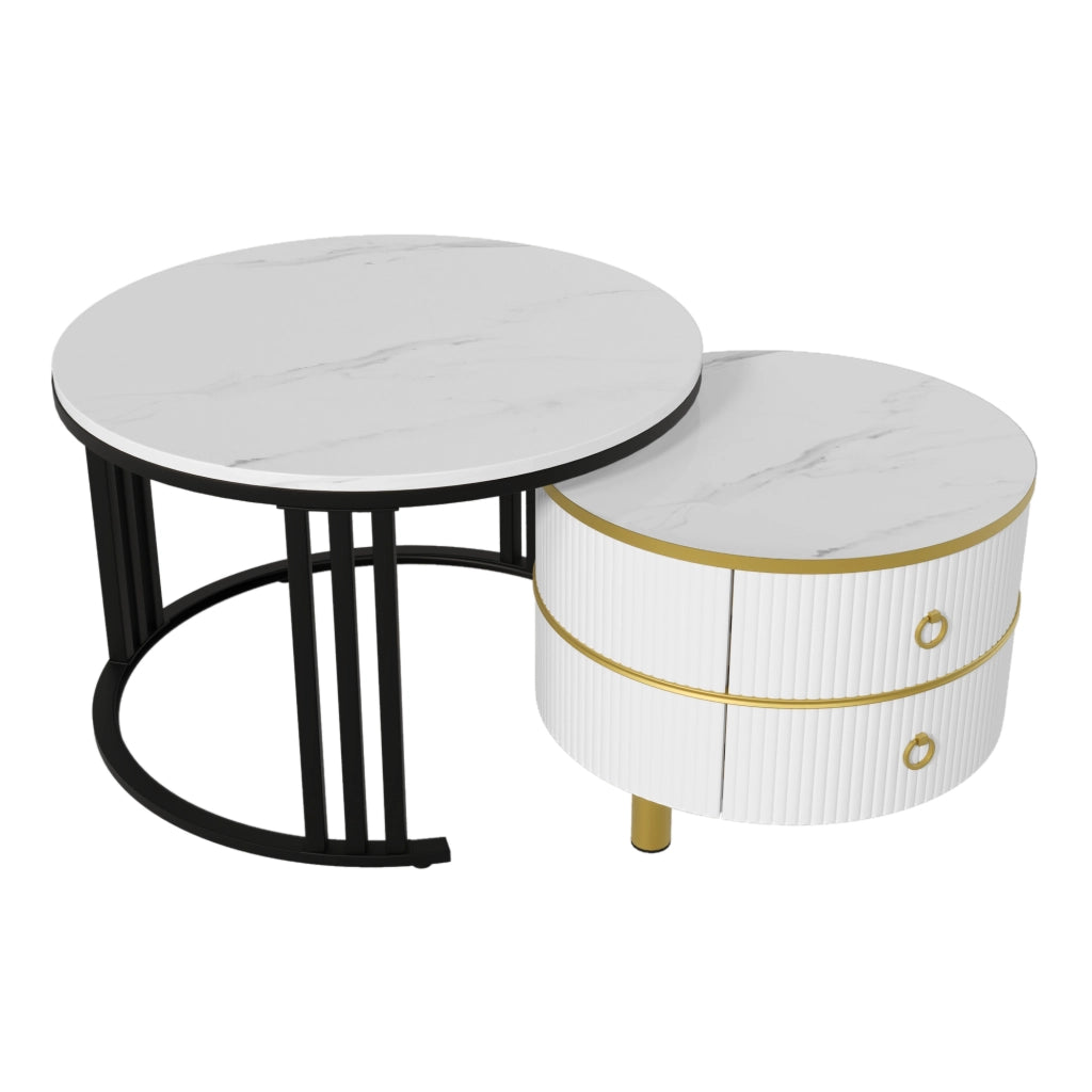 Tavolino da Caff¨¨ Rotondo MDF Set 2 Pezzi con Cassetti ¨C MINIMAL ¨C Bianco Marmo, 70x70x46 + 50x50x40 cm