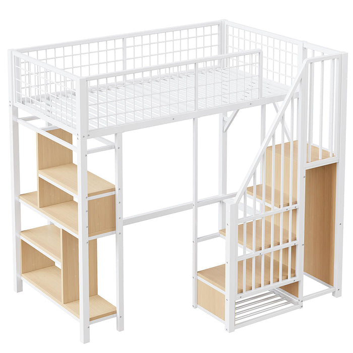 Letto a soppalco - Xylo - 90x200 cm bianco con ripiani e scala