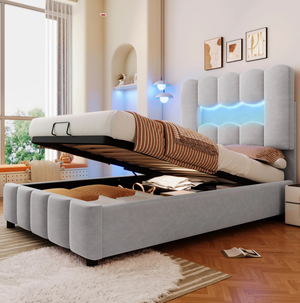 Letto imbottito 90 x 200 cm in velluto grigio con contenitore idraulico e luci LED