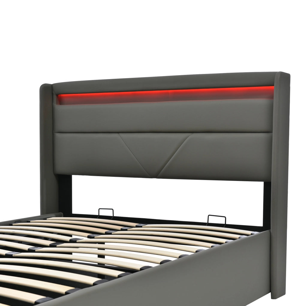Letto matrimoniale contenitore 140x200 cm grigio con testiera illuminata e rete salvaspazio