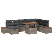 Set divani giardino 9 pezzi con cuscini grigi in polyrattan