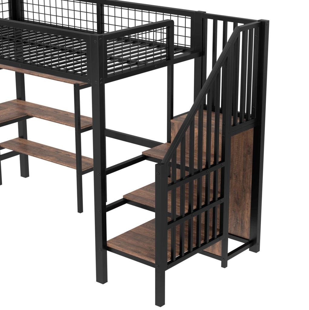 Letto a soppalco ULEVR 90x200 cm con scrivania, ripiani e armadio integrato, nero e marrone