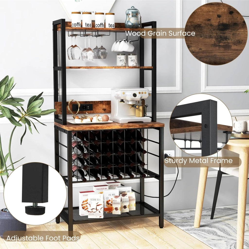 Scaffale per vino con prese e USB per 24 bottiglie e tazze, mensola da cucina a 5 Ripiani con piano di lavoro, scaffale multiuso per più dispositivi, portabottiglie per vino 76 x 48 x 163 cm
