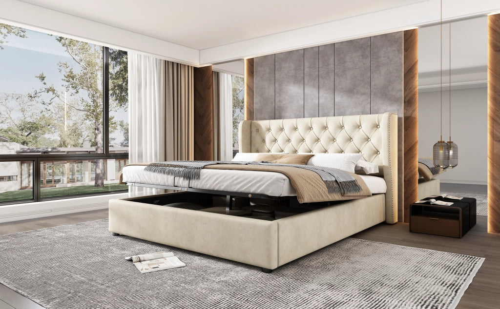DESMIU Letto contenitore 140 × 200 cm 2 posti con apertura idraulica e senza materasso, in velluto, beige