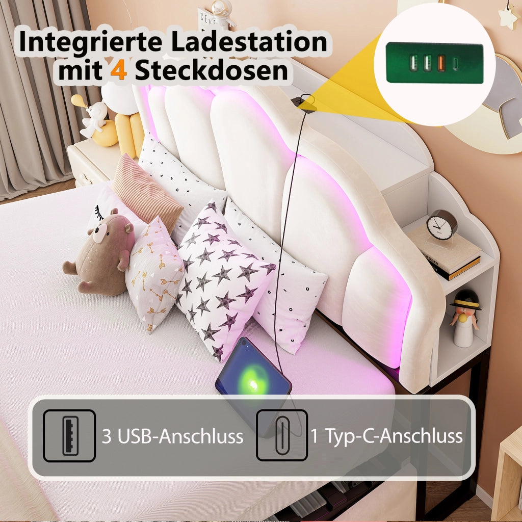 LETTO Contenitore 140x200 cm Beige in Velluto con LED e prese integrate