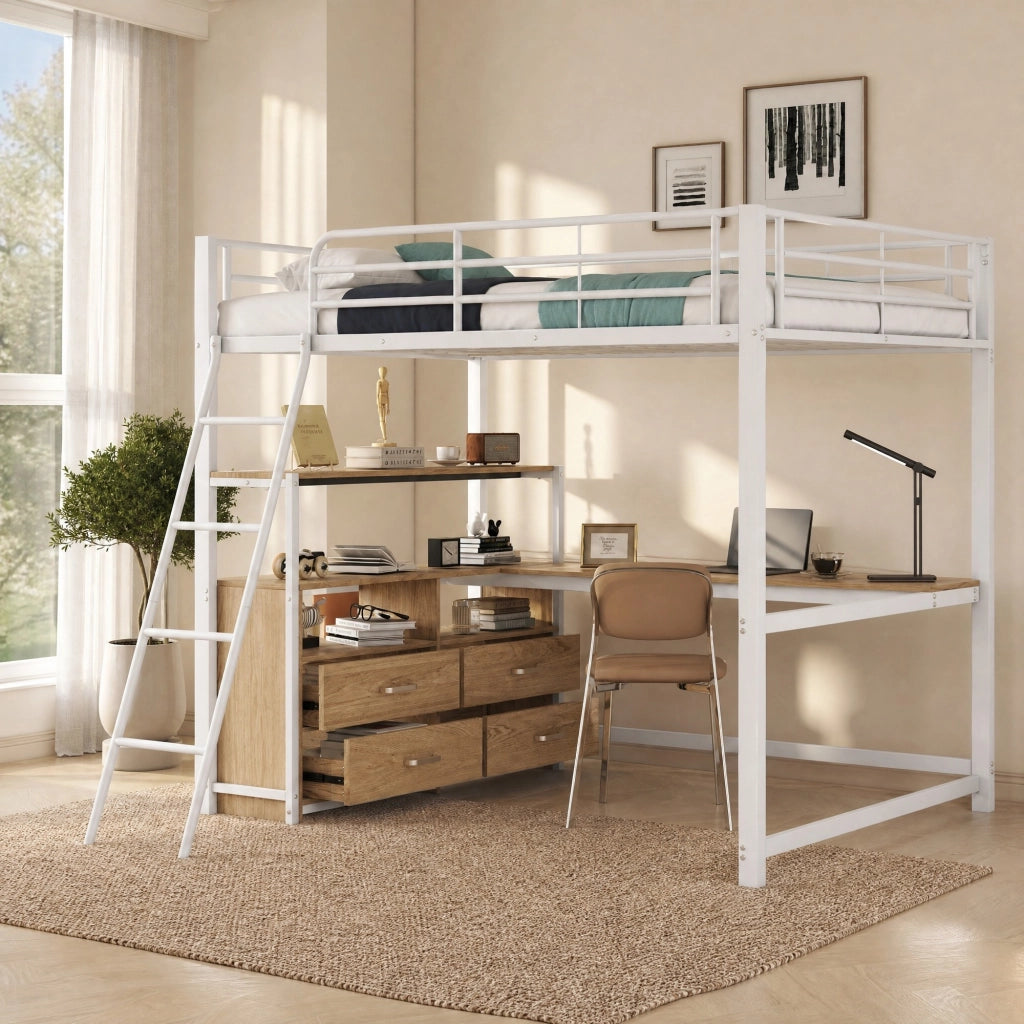 Letto a soppalco 140x200 cm con scrivania angolare e cassetti, bianco