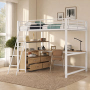 Letto a soppalco 140x200 cm con scrivania angolare e cassetti, bianco