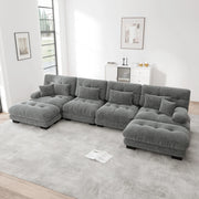 Divano modulare ad angolo a U 4 posti con pouf mobile e cuscini decorativi per soggiorno in chenille grigio