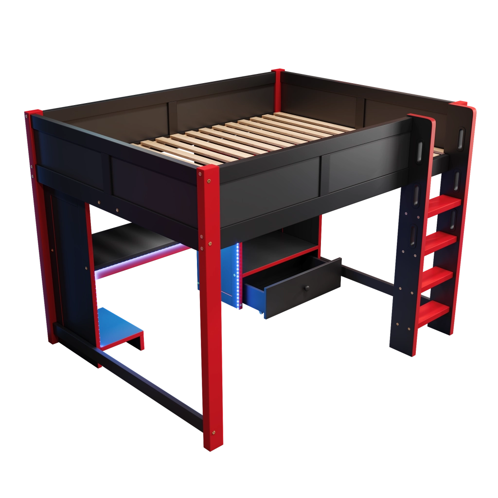 Letto a soppalco Gaming con scrivania - Zephmum- 140x200 cm, LED, armadio, cassetti, nero + rosso