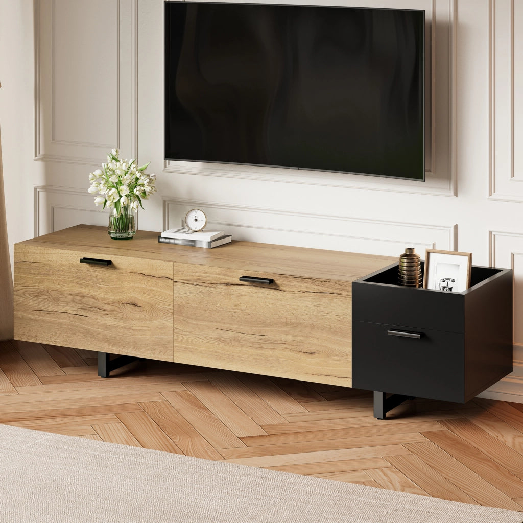 Mobile TV moderno in legno naturale e nero con ripiani aperti e cassetti, 180 cm