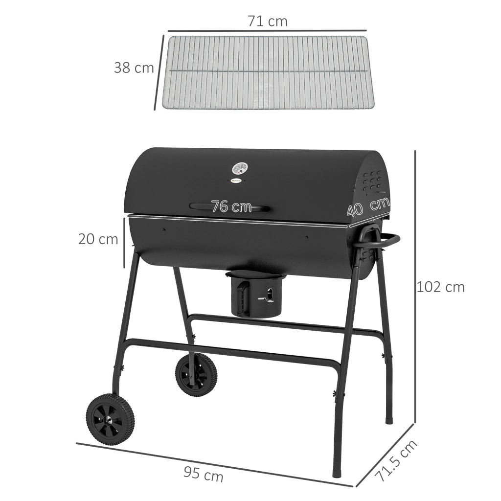 Barbecue a carbone in metallo con coperchio, termometro, ruote e vassoio cenere, 95 x 71,5 x 102 cm