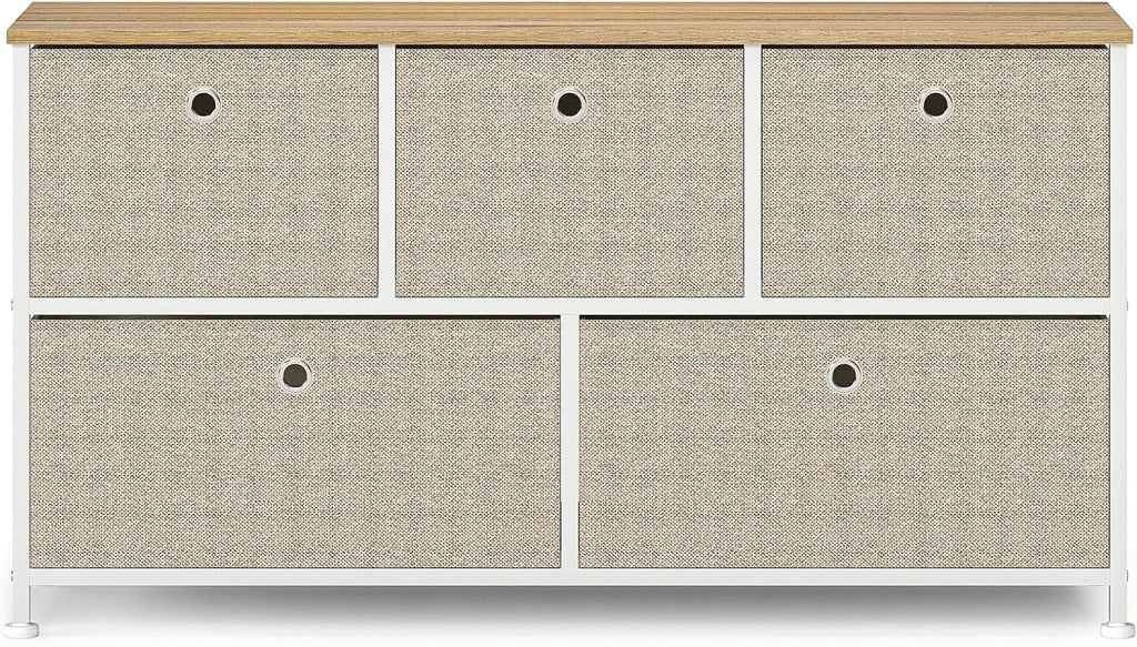 Cassettiera con 5 Cassetti in Tessuto Comodino Basso Design Organizer Pratico Metallo Armadietto Multiuso per Ingresso Camera da letto Cucina Corridoio Soggiorno in Legno e Acciaio Bianco e Beige