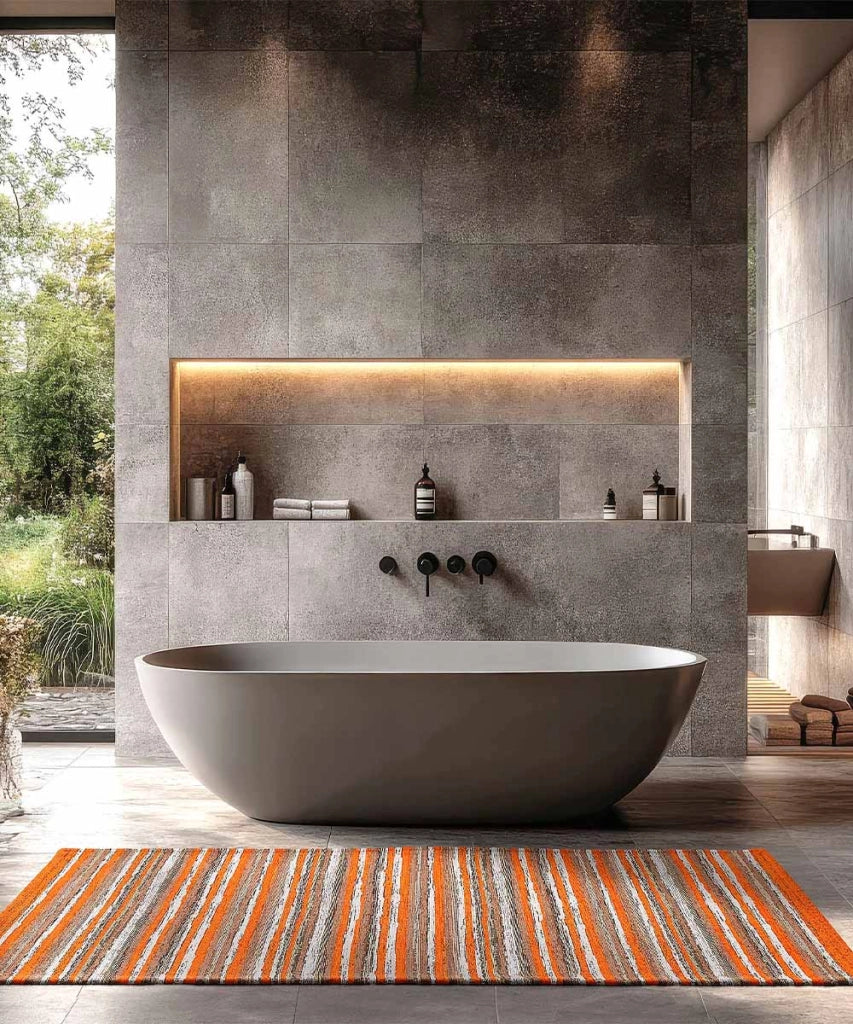 Tappeto passatoia moderno LAOS ARANCIONE disegno a righe multicolore, tappetino bagno ingresso multiuso lavabile antiscivolo cm.55x80