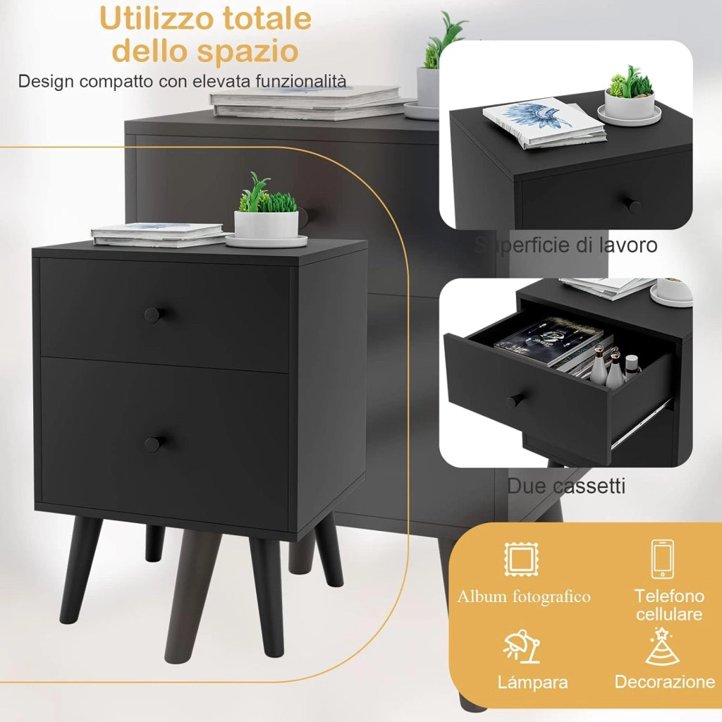 Comodino 45 x 40 x 62 cm per Camera da Letto con 2 Cassetti, Tavolino Moderno da Salotto con Solide Gambe in legno di Gomma, Mobile Salvaspazio per Soggiorno (Nero)