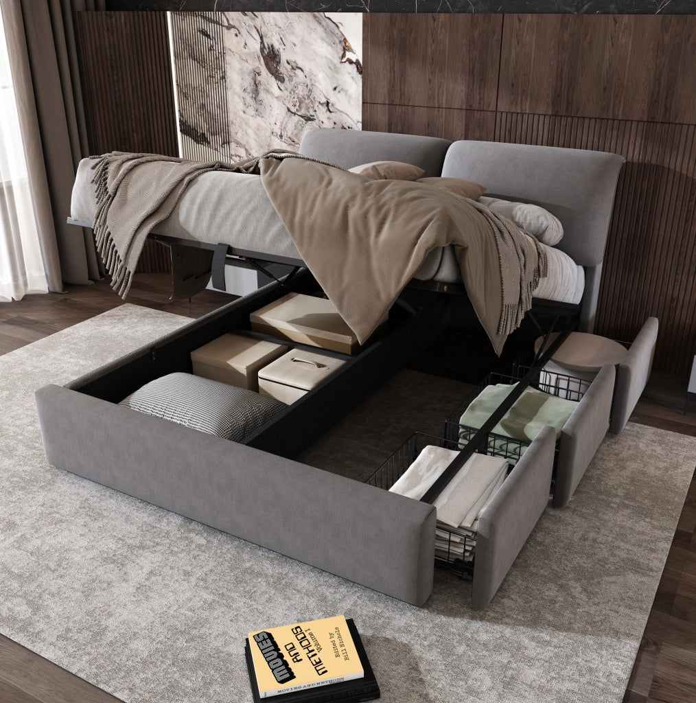 Letto imbottito 140x190 cm in velluto grigio con contenitore idraulico e 3 cassetti