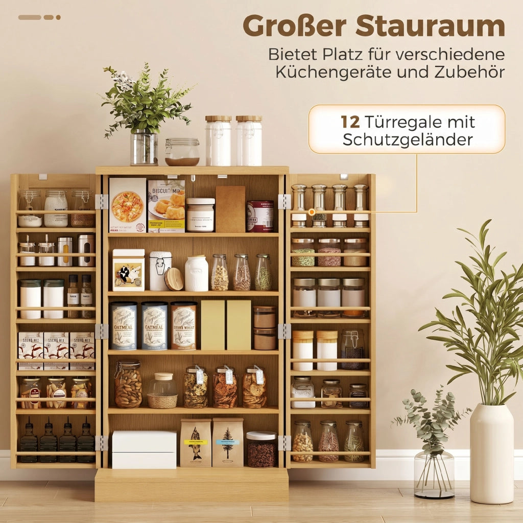 Armadio Cucina in Rattan con 5 Ripiani, 12 Scomparti Spezie e Fondi Regolabili ¨C zephmum ¨C Naturale 104 cm