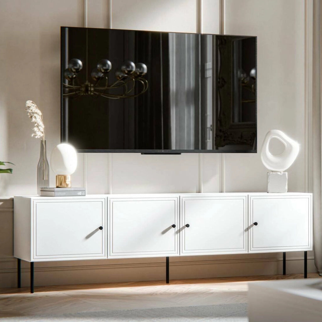 Mobile porta TV Piode, Madia da salotto con quattro ante battenti, Rialzato da terra, 201x40 h60 cm, Bianco