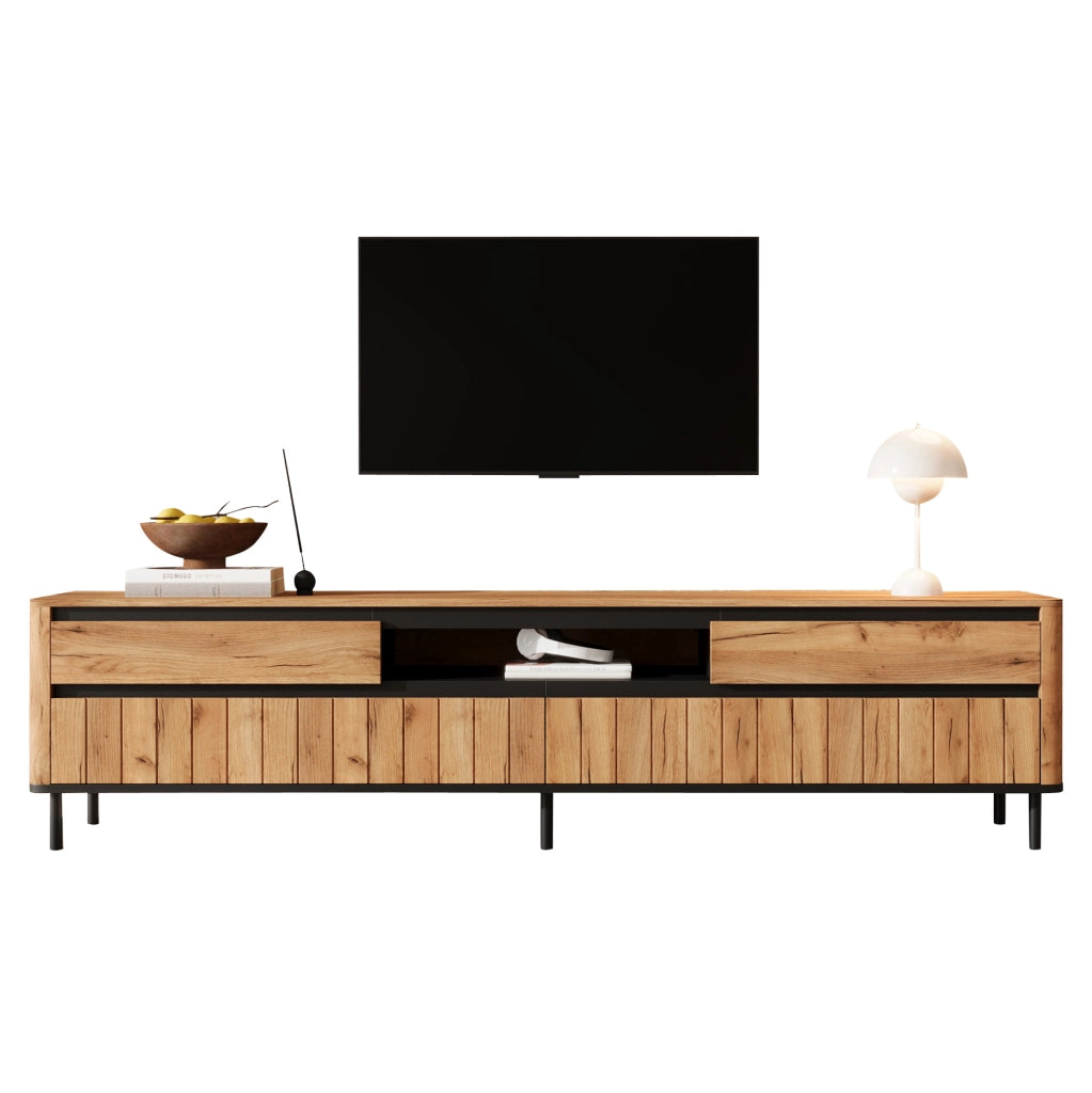Mobile TV 180x40x52 cm con 2 cassetti; 2 ante a ribalta; MDF; nero e naturale