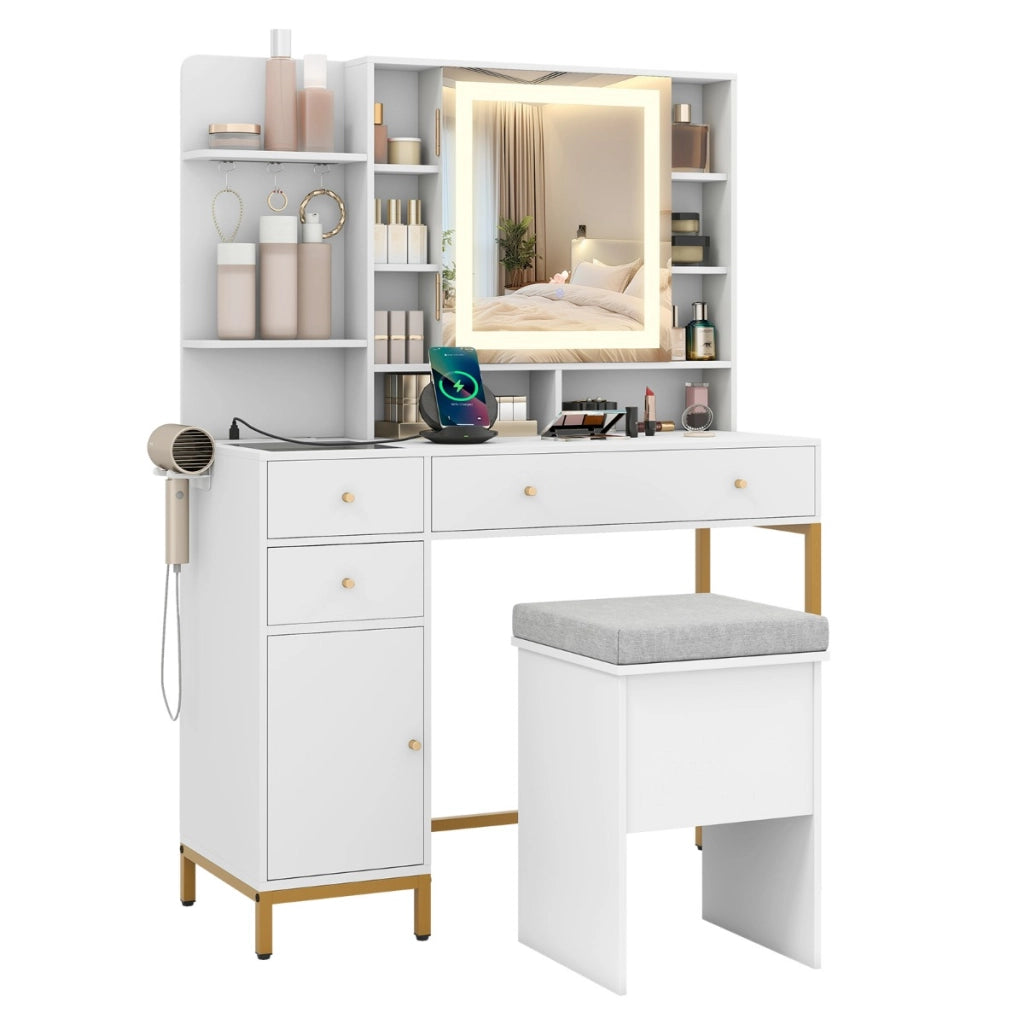 Tavolo da trucco con specchio e stazione di ricarica, Set tavolo e sgabello con piano in vetro trasparente Bianco-Tavoli da trucco