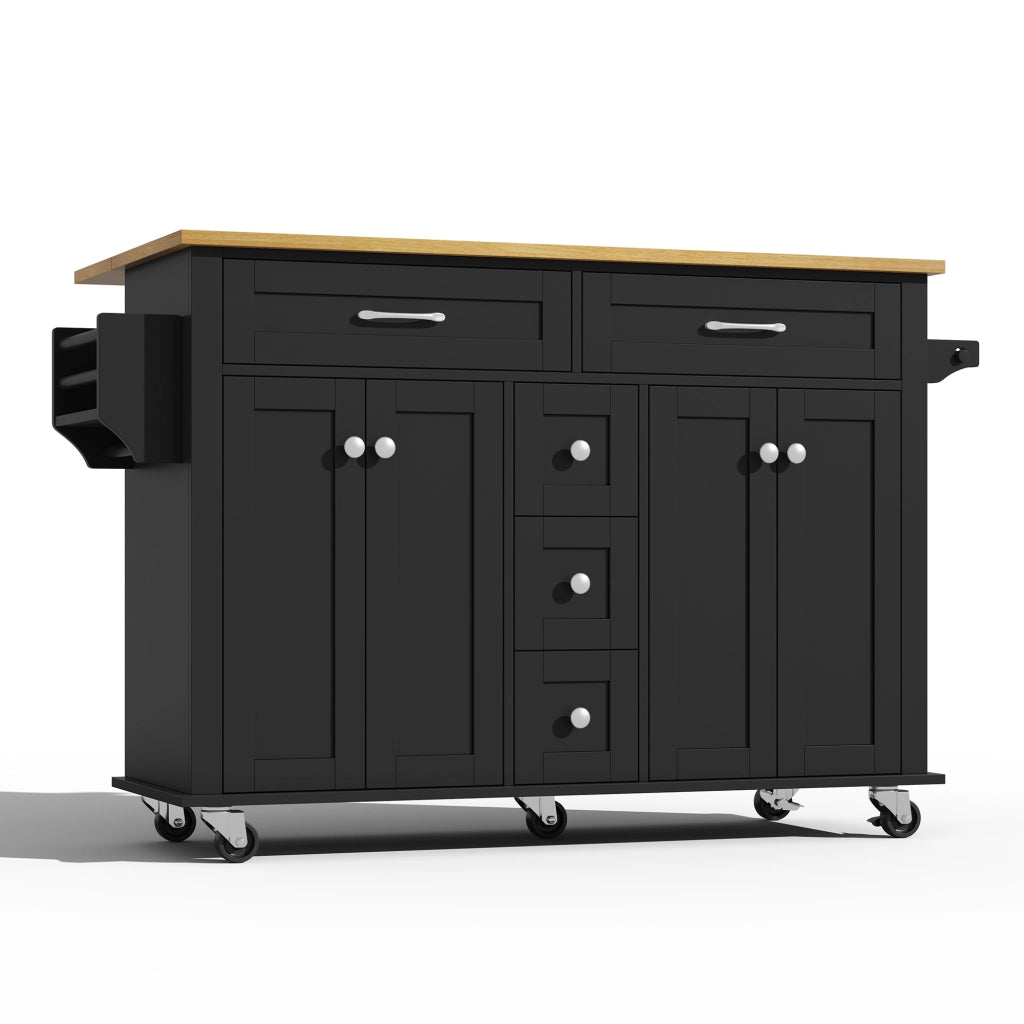 Isola da Cucina Mobile 140x40/65x89 cm Nera e Legno con Piano Ribaltabile, 5 Cassetti e 5 Ruote